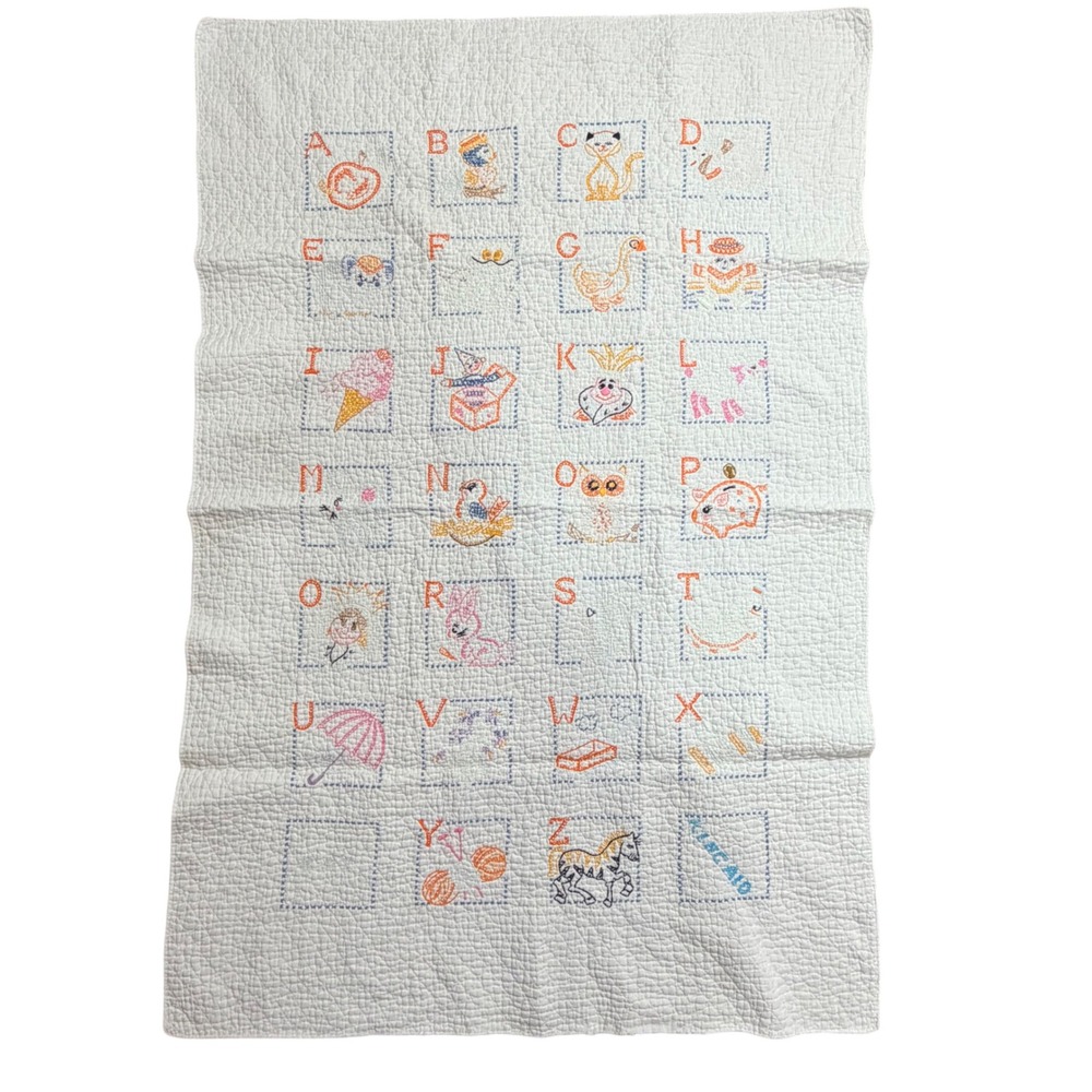 Vintage Kincaid Alphabet Baby Quilt Hand Embroidered Nursery Blanket White 32x48